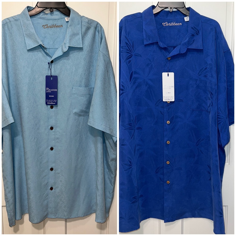 Lot of 2 NEW Caribbean Paradise Essentials Men 4XB Blue Tropical Palm Camp Shirt
